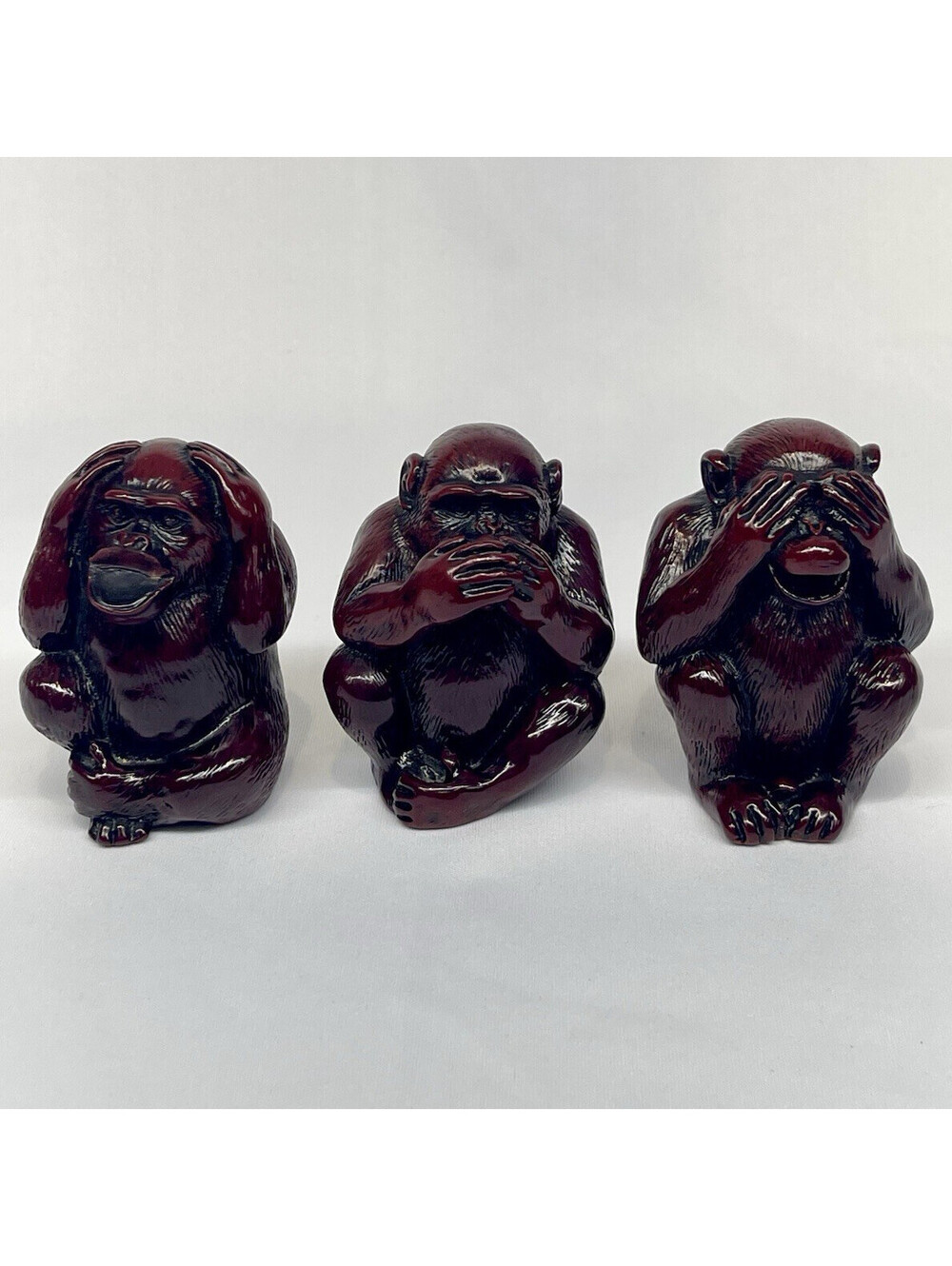 Vintage!! Three Wise Monkeys Resin Figurines Set of 3 Glossy Brown